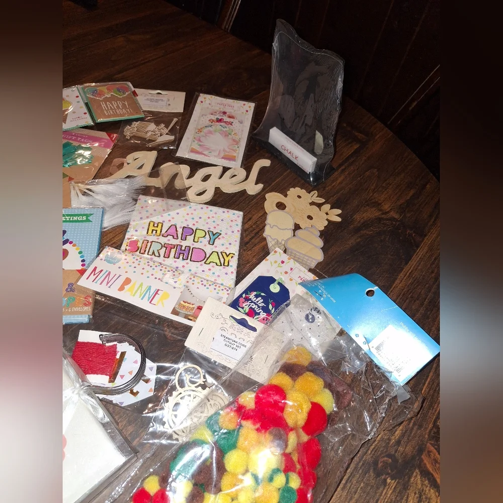 Craft Supplies Wooden Art Mixed Media  Pompoms Letters Chipboard Cards Tags Box